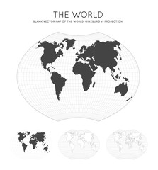 Map of The World. Ginzburg VI projection. Globe with latitude and longitude lines. World map on meridians and parallels background. Vector illustration.