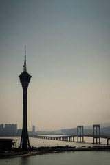 Fototapeta na wymiar macau tower and taipa bridge skyline view on foggy day