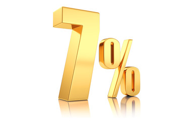 3d render illustration. Golden seven percent on a white background.