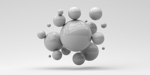 Flying spheres on a white background. 3d rendering. Illustration for advertising.