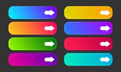 Set of eight modern gradient buttons with arrows