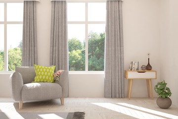 Mock up of stylish room in white color with armchair and green landscape in window. Scandinavian interior design. 3D illustration