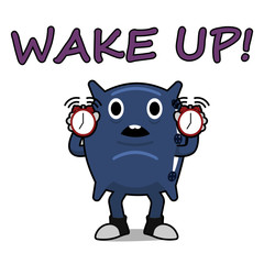A funny pillow holds two alarm clocks in its hands. The cartoon character symbolizes a friend who wakes you up.