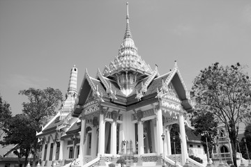 Buddhist temple in Thailand. Black and white vintage style.