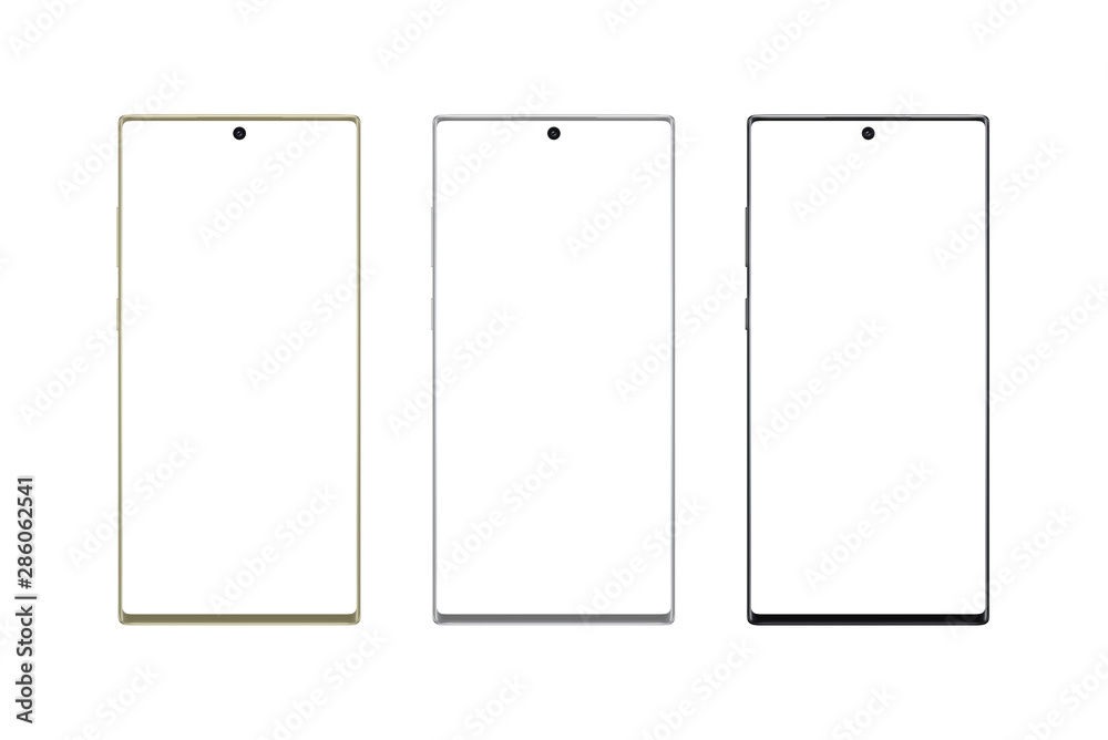 Leinwandbilder Isolated modern smart phone in three colors. White screen for mockup. Thin edges and camera in the display.