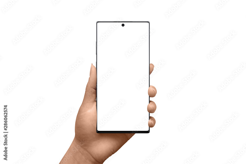 Aufkleber Phone in woman hand isolated display and background. Smart phone with thin edges, and big camera built into the display. Mockup and app presentation.