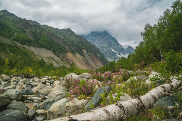 View of the Zaresho-Khalde glacier (or Khalde) from the Lakutsa-Laartkal ridge (southwestern spur of the Main Caucasian ridge), above the Chunderi pass. Svaneti. Georgia. - 286062584