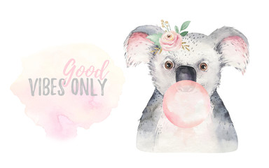 A poster with a koala. Watercolor cartoon koala tropical animal illustration. Jungle exotic summer print. © kris_art