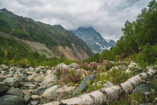View of the Zaresho-Khalde glacier (or Khalde) from the Lakutsa-Laartkal ridge (southwestern spur of the Main Caucasian ridge), above the Chunderi pass. Svaneti. Georgia.