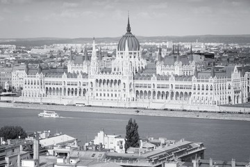 Budapest, Hungary. Danube river and parliament. Black and white vintage style.