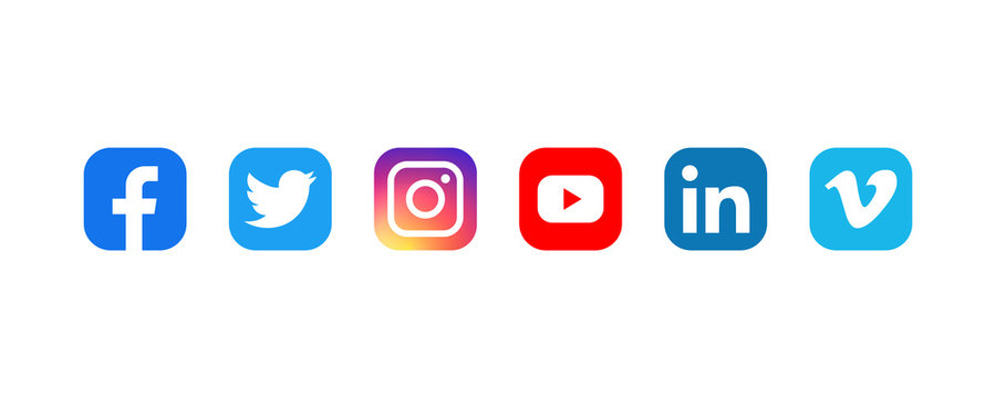 Collection of popular social media logo: Facebook, twitter, instagram, youtube, linkedin, vimeo. Social media icons. Realistic set. Illustration. Vinnitsa, Ukraine - August 26, 2019
