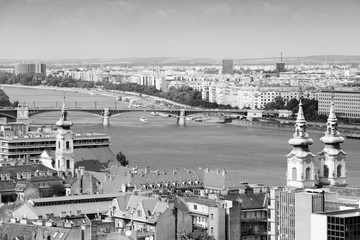 Budapest Danube river view. Black and white vintage style.