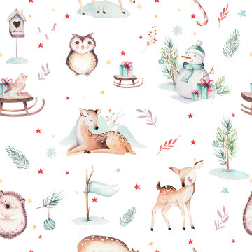 Watercolor seamless pattern with cute baby deer, snowman, bunny and deer cartoon animal portrait design. Winter holiday bear card on white. New year decoration, merry christmas element