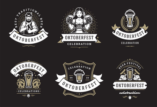 Oktoberfest badges and labels set vintage typographic design templates vector illustration.