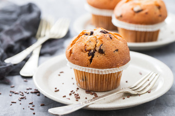 muffins with chocolate on white dish on ceramic background
