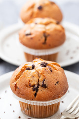muffins with chocolate on white dish on ceramic background