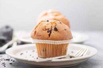 muffins with chocolate on white dish on ceramic background