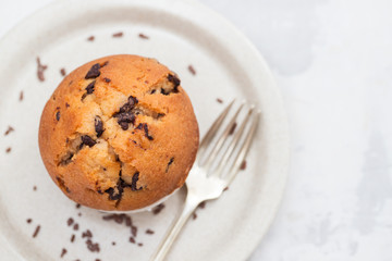 muffins with chocolate on white dish on ceramic background