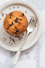 muffins with chocolate on white dish on ceramic background