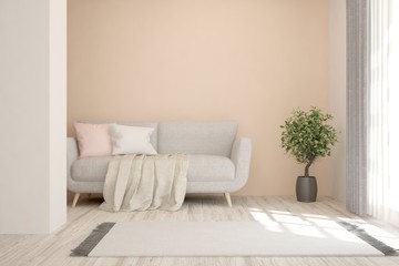 Stylish room in white color with sofa. Scandinavian interior design. 3D illustration