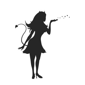 Black silhouette of devil girl. Halloween party. Isolated image of evil woman. Glamour lady on white background