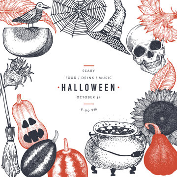 Halloween design template. Vector hand drawn illustrations. Banner with pumpkins, scull, cauldron and sunflower retro style. Autumn background.