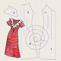 Illustration of a vector with sewing pattern and sketch of vintage dress