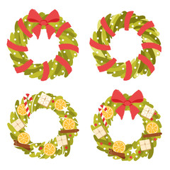 Christmas wreath of fir branches set with bright red ribbon and bow. Decorated with oranges, cinnamon, candy gift. Traditional decor for new year and Christmas. Clipart for greeting card or gift tags
