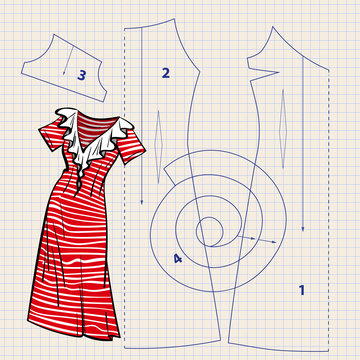 Illustration of a vector with sewing pattern and sketch of vintage dress