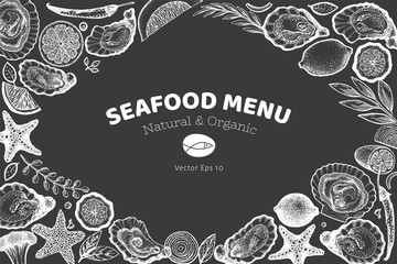 Oysters and spices design template. Hand drawn vector illustration on chalk board. Seafood banner. Can be used for design menu, packaging, recipes, label, fish market, seafood products.