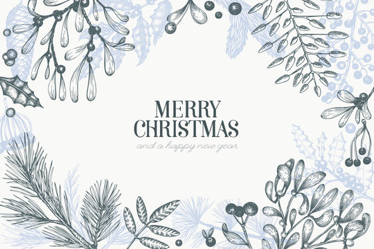 Christmas hand drawn vector greeting card template. Vintage style illustration