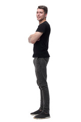 side view. the guy in the black t-shirt looking at the blank screen