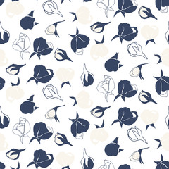 Flowers pattern vector. Floral seamless background with stylized hand drawn flowers and leaves.
