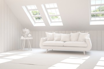 Mock up of stylish room in white color with sofa. Scandinavian interior design. 3D illustration