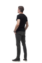 confident guy looking at white blank screen . isolated on white