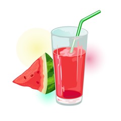 Wedge of ripe watermelon and glass of red juice with straw. Natural healthy product. Summer drink, beverage. Cartoon vector illustration isolated on white for menu, recipe, cookbook, packing.