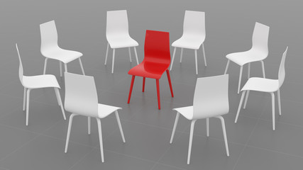 Red chair in a circle of white chairs on a gray background. 3d illustration.
