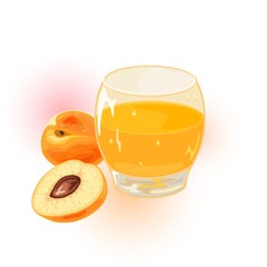 Ripe appetizing peaches, whole and cut open are near glass of juice. Nectarines, apricots sweet fruits and yellow beverage in glassware. Natural healthy product. Vector cartoon illustration on white.