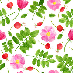 Watercolor red rose hips, flowers, leaves seamless pattern. Hand drawn background with green plants and brier berries. Floral template for home decor, design, textile, cards, decoration, cosmetics.