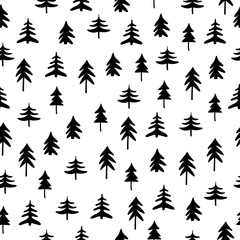 Materiał do szycia Winter forest tree pattern. Christmas decorative background. Different trees in hand drawn style. Vector illustration.
