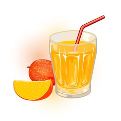 Ripe mango, whole and slice are next to glass of yellow nectar, juice with straw. Aam panna. Tropical stone fruit and sweet beverage, drink in transparent cup. Cartoon vector icon isolated on white.