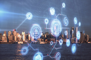 Data theme hologram drawing on city view with skyscrapers background multi exposure. Bigdata...