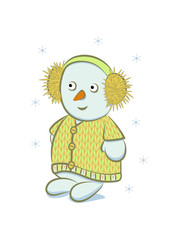  Little snowman on a white background. Snowman in a knitted bandage and a knitted cardigan. Vector illustration.