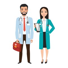 Fototapeta na wymiar Doctors group. Friendly asian Male and Female Doctors. Vector illustration of cartoon characters