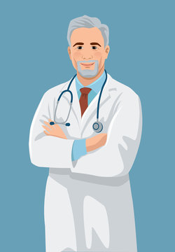 Smiling middle-aged doctor. Handsome man with gray hair and beard wearing a lab coat stands with crossed arms. Vector illustration