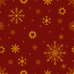 Naklejka na ściany i meble New Year and Christmas. Seamless pattern. Golden snowflakes on a burgundy background. Vector illustration.