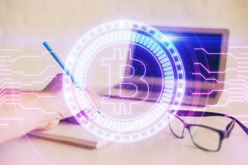 Businessman with hands background. Crypto currency concept.