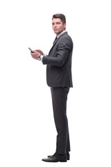 young businessman choosing a contact in his smartphone