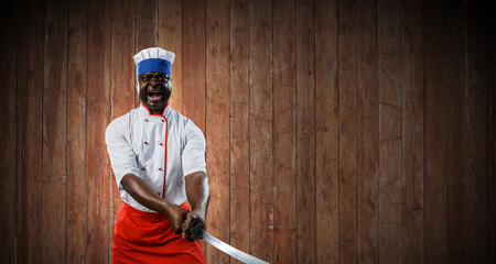 Fototapeta na wymiar Black chef creative cooking. Mixed media.