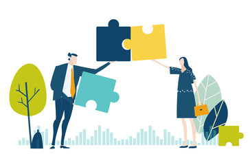 Two young business people working with puzzles as symbol of collaborating, solving problems, thinking about creative idea, brainstorming and teamwork concept. Flat style illustration.